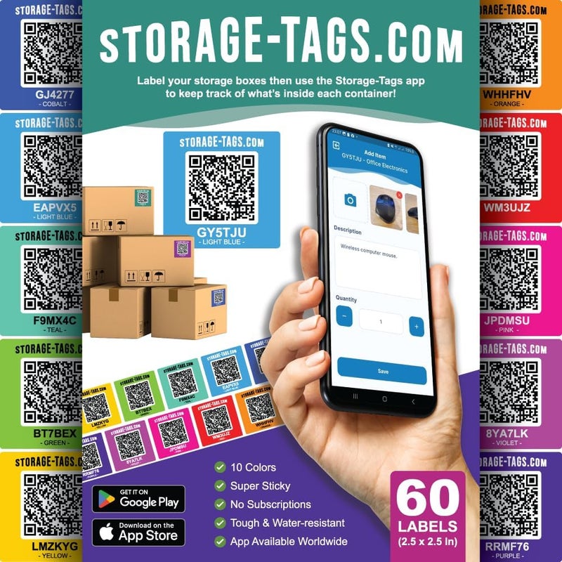 STORAGE-TAGS QR Code Storage Tags (Multicolored) - Smart Stickers - Tracking Labels for Totes - Scan Storage Bins & Containers - Moving House - Track Inventory - Android and iOS App - Pack of 60 - Image 1